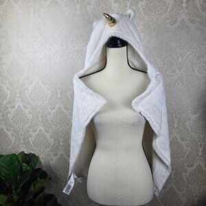 Pottery Barn Kids White Unicorn Hooded Towel/Blanket Gold Horn Terry/Faux Fur